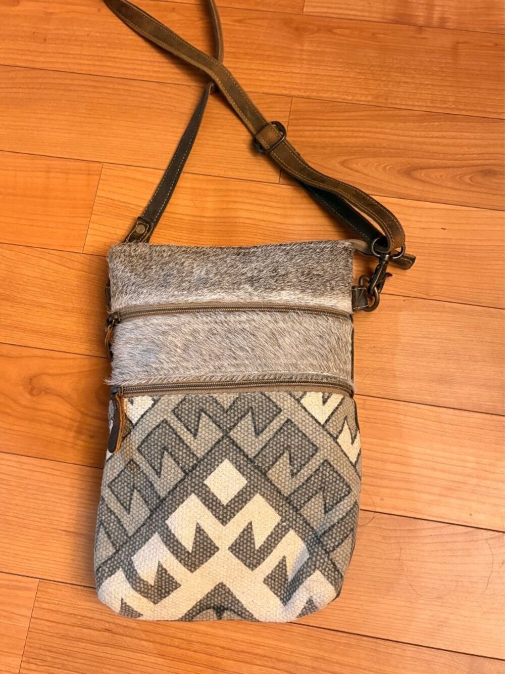 Myra Bag Cowhide & Upcycled Canvas Geometric Crossbody Bag Boho Western